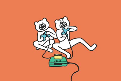 Two bears play video games.