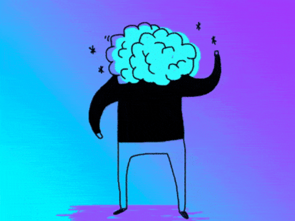 An animated person with a big brain dances.