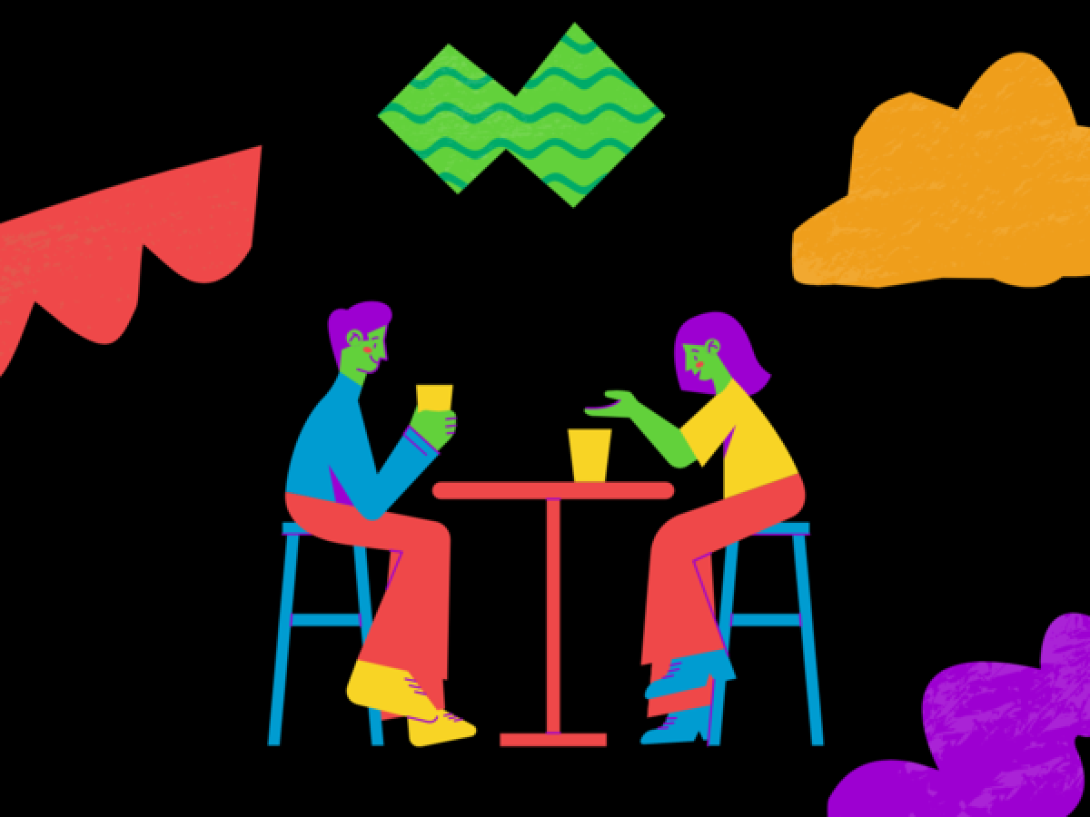 Two animated humans talking at a table with colorful geometric shapes