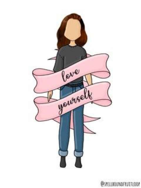 A girl is wrapped in a ribbon that says, "love yourself".