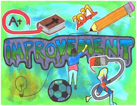 Graffiti art of the word, "Improvement" is surrounded by goals for 2021.