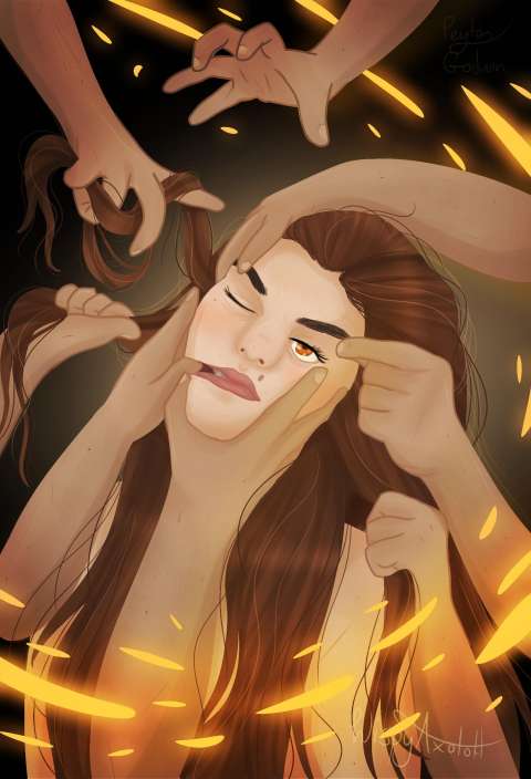 A girl is surrounded by fire and hands grabbing at her face.