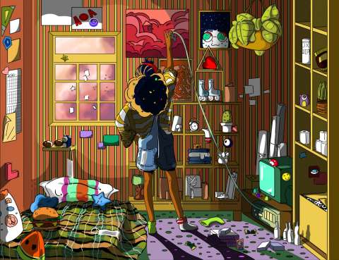 Digital art of a girl in bedroom painting